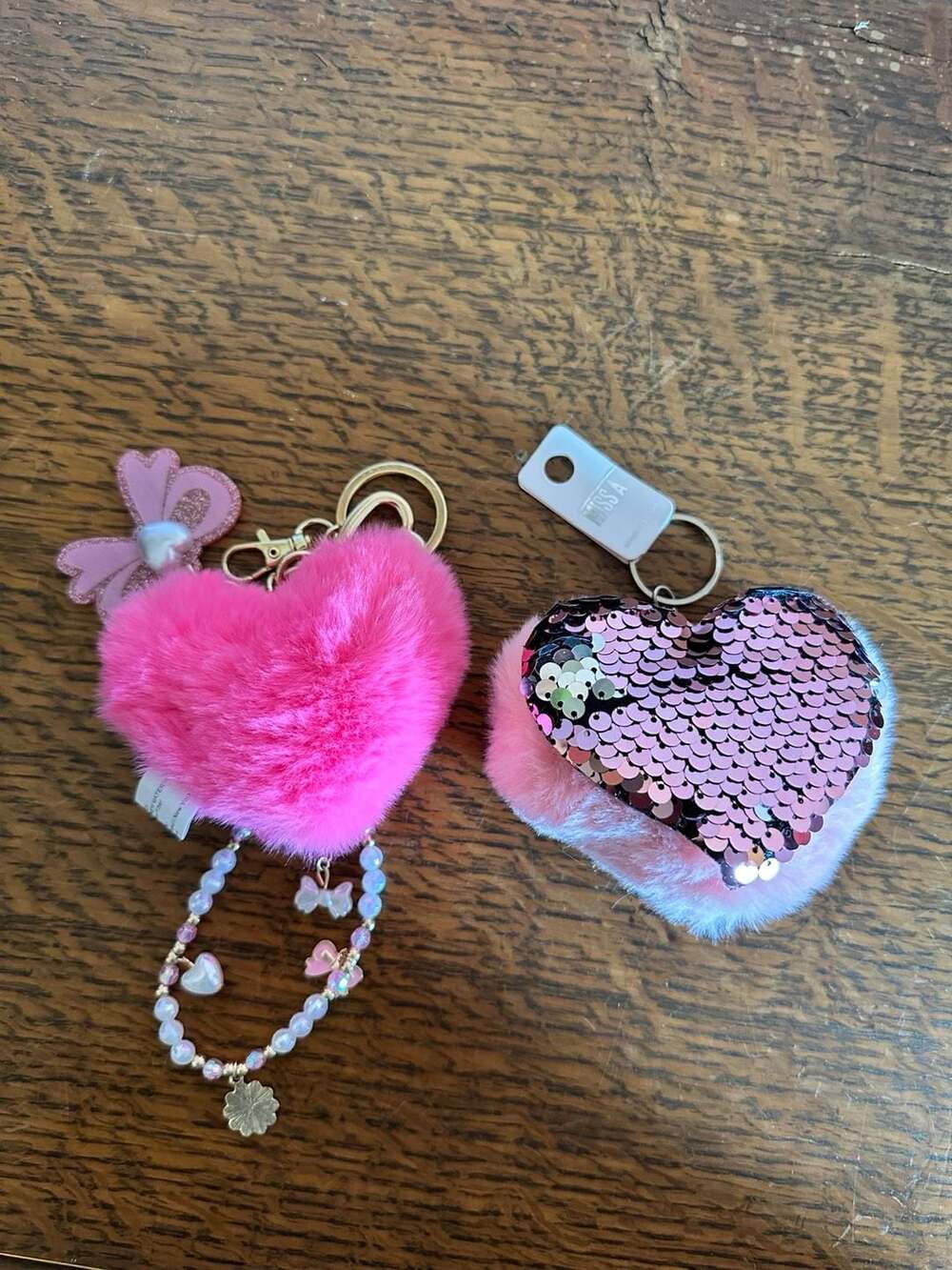 Set of 2 Pink Heart Bag Charms with Faux Fur, Sequin, and Bead Accents